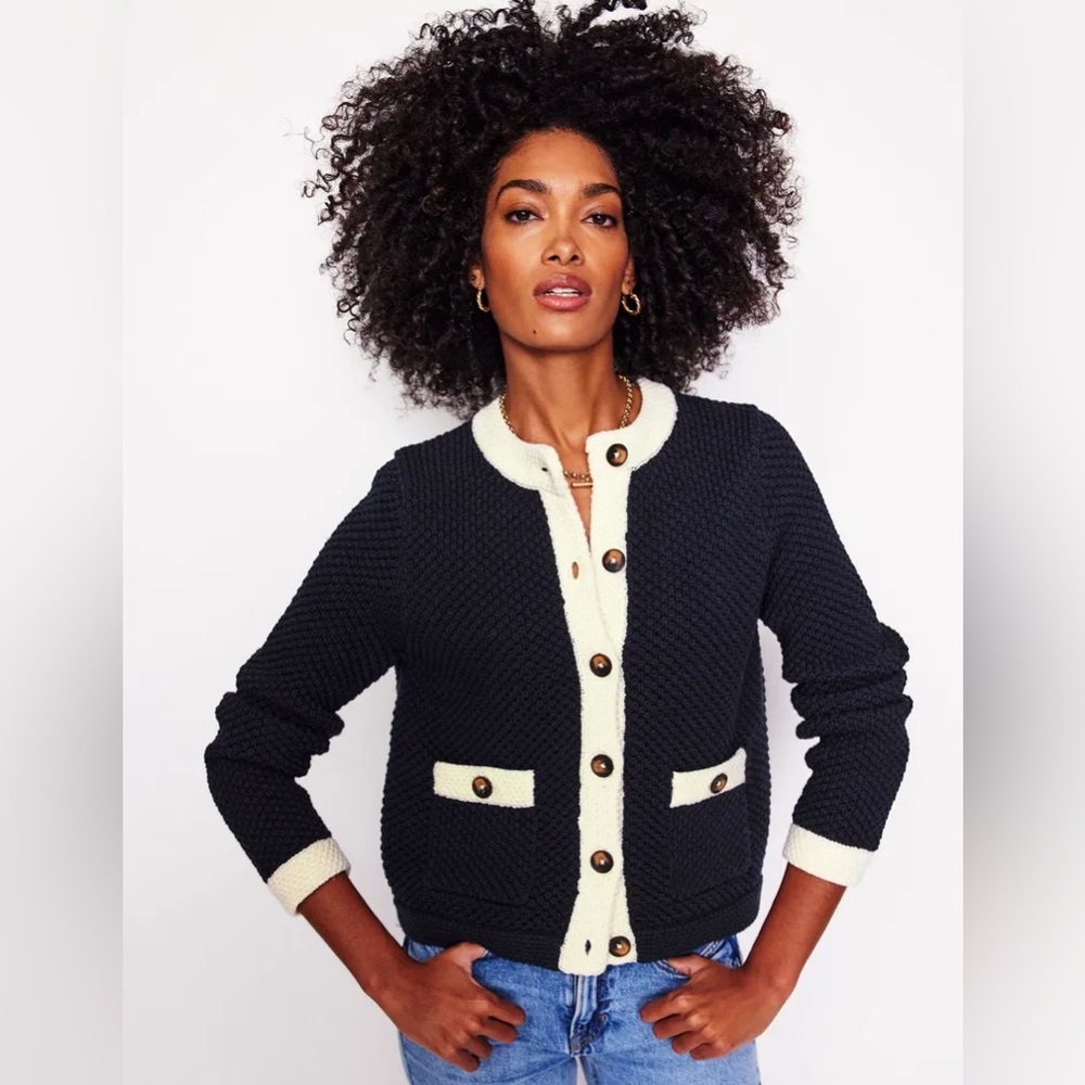 Boden Black and Cream Textured Knit Button Cardigan